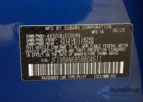 2025 Subaru Wrx Limited z USA, uszkodzony, nr VIN JF1VBAN68S8804611